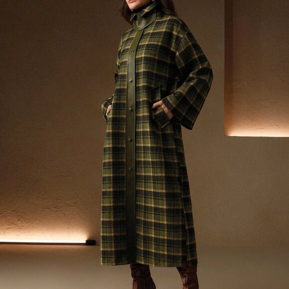 Green Casual Women's Elegant Classic Patchwork High Collar Plaid Tweed Coat - Picture 5 of 7